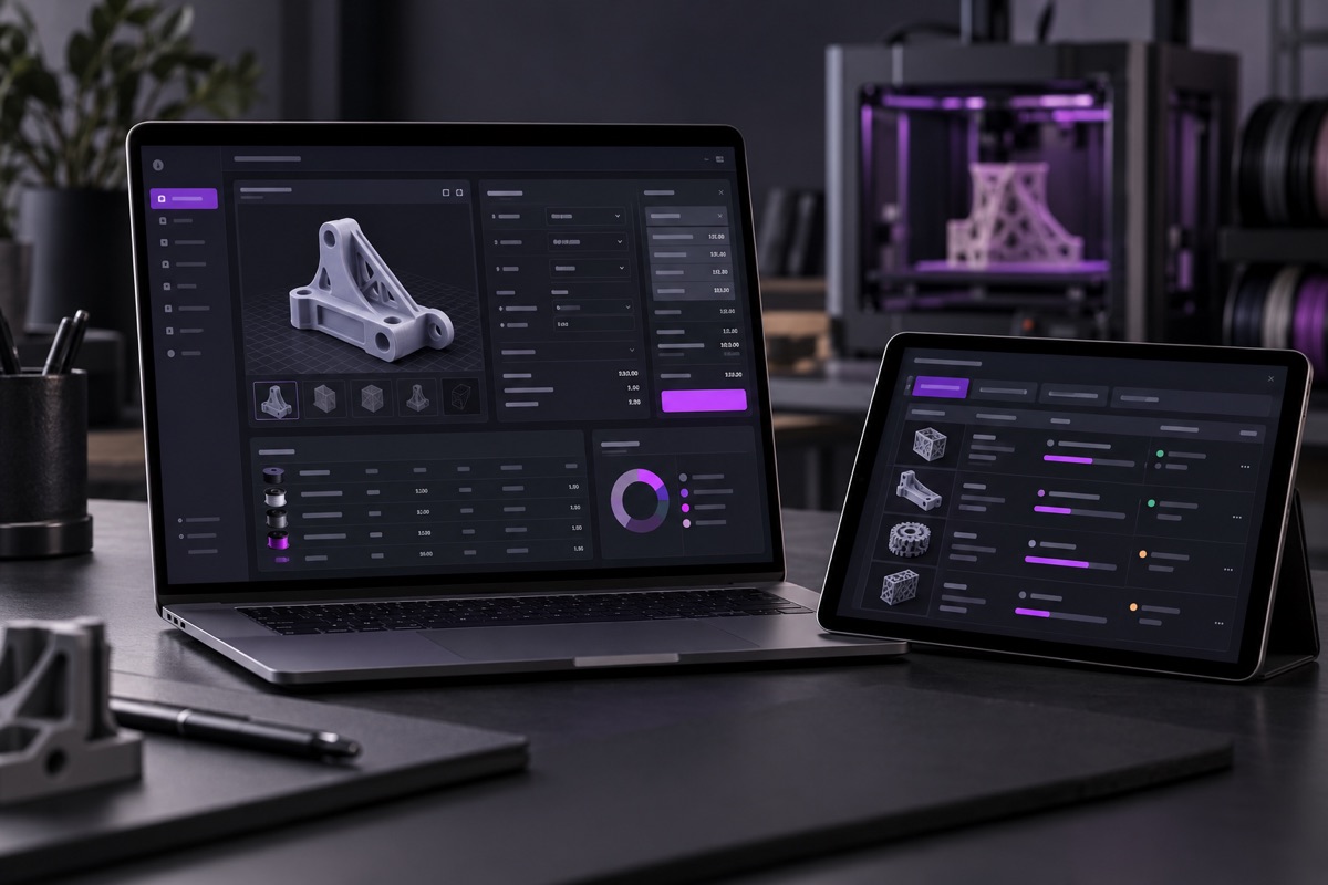 Notebook e tablet com um aplicativo de orçamentos e gestão para impressão 3D; imagem ilustrativa.